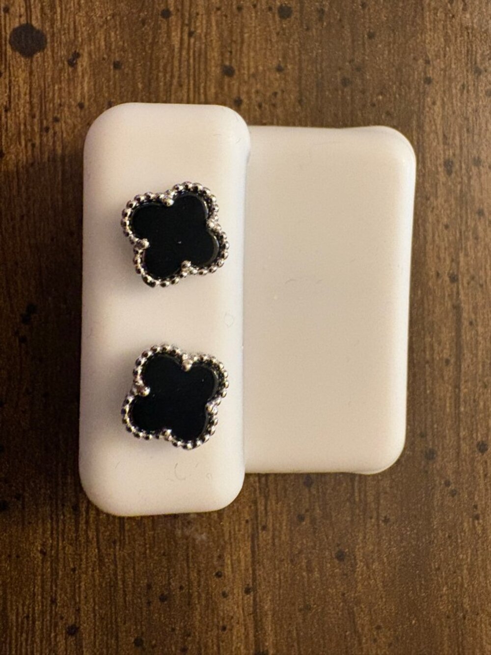 Sterling Silver Black Clover Stud Earrings Quatrefoil Beaded Border